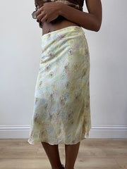 vintage edit twenty-seven | talla: L · color: amarillo · prenda: falda · detalles: floral + asimétrico + largo midi