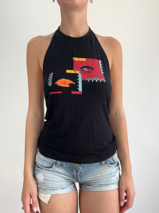 BEST PICKS | small black halterneck top with eye and lip graphic
