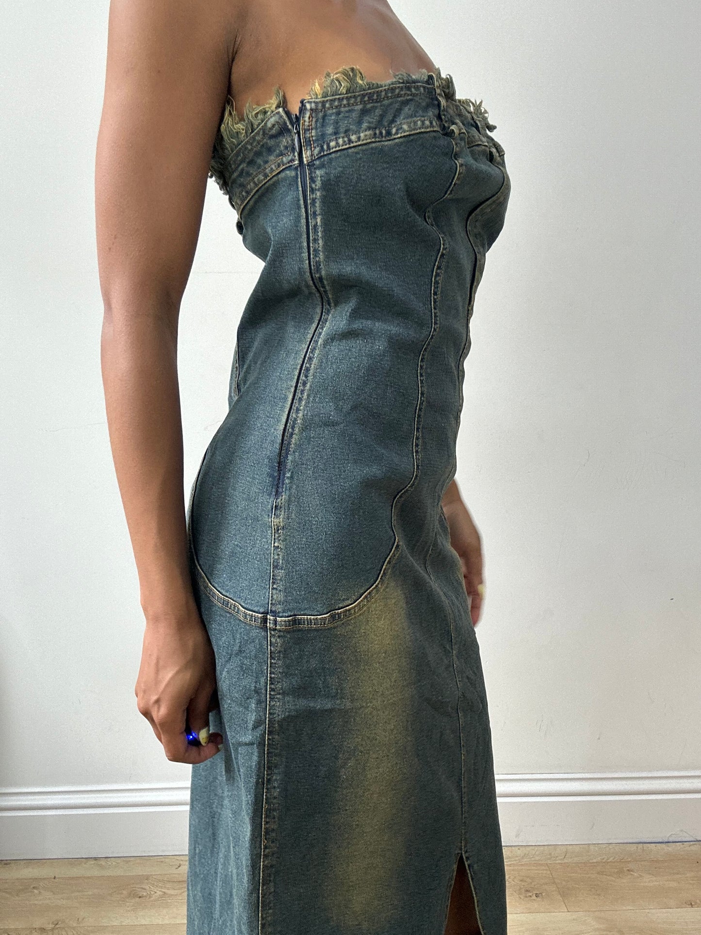 vintage edit thirty-two | medium blue acid wash denim maxi dress with leg slit