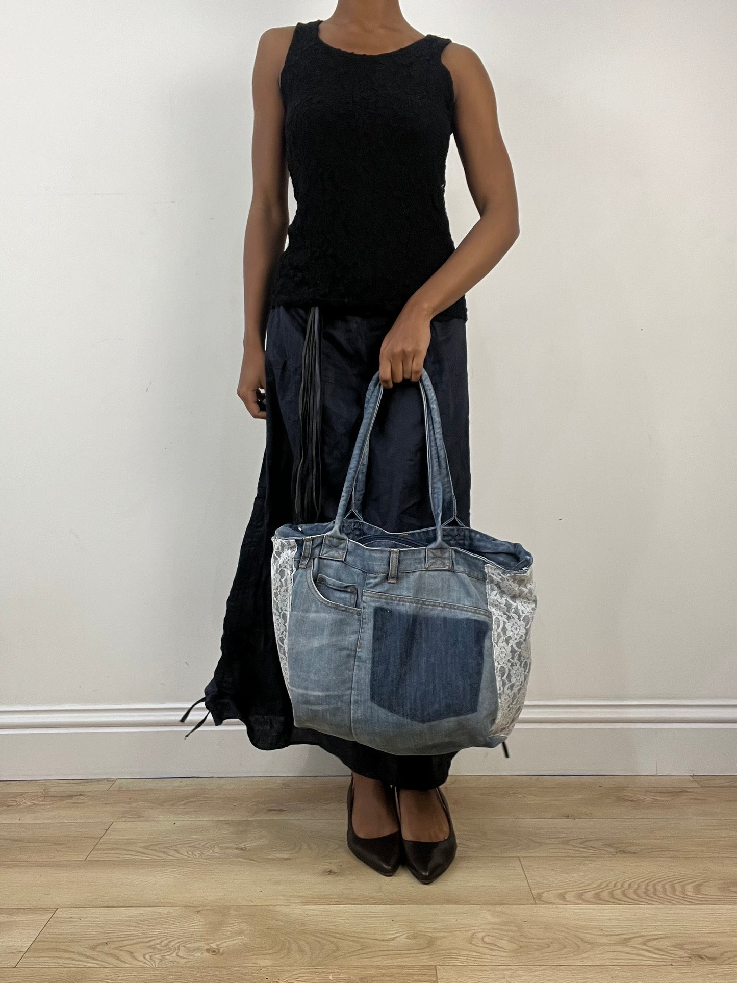 vintage edit: indie sleaze | blue denim tote bag with lace details