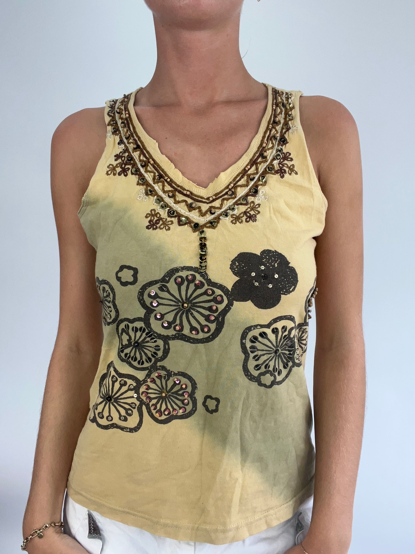 BRITISH SUMMER GIRL DROP | medium yellow tank top with brown sequin embroidery