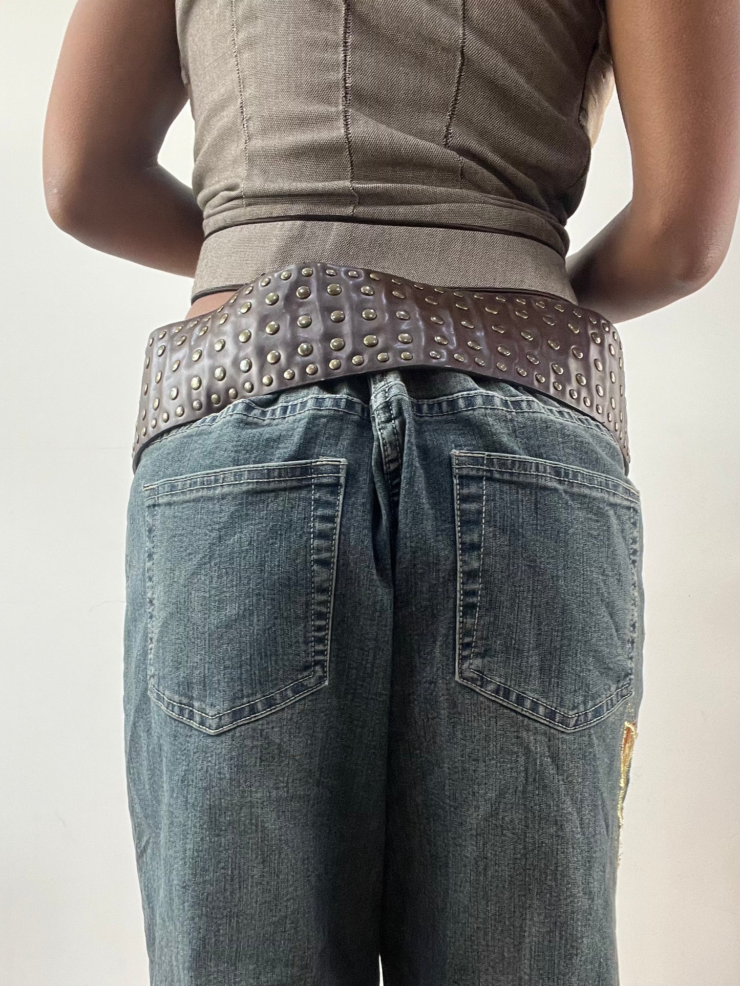 LFW edit | brown statement belt with gold studding and buckle detail