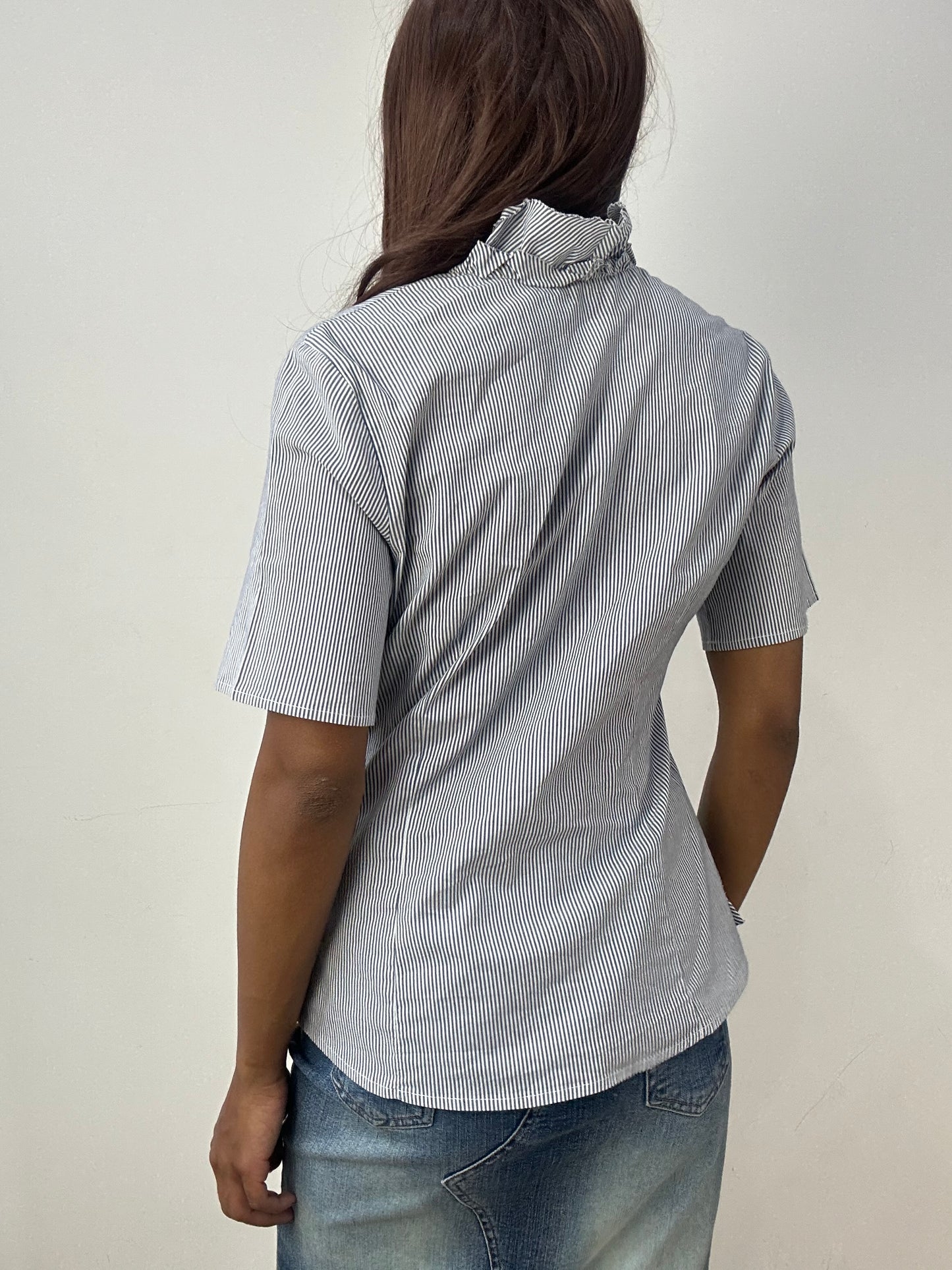 vintage edit thirty-three | medium white and blue pinstripe shirt with ruffle trim