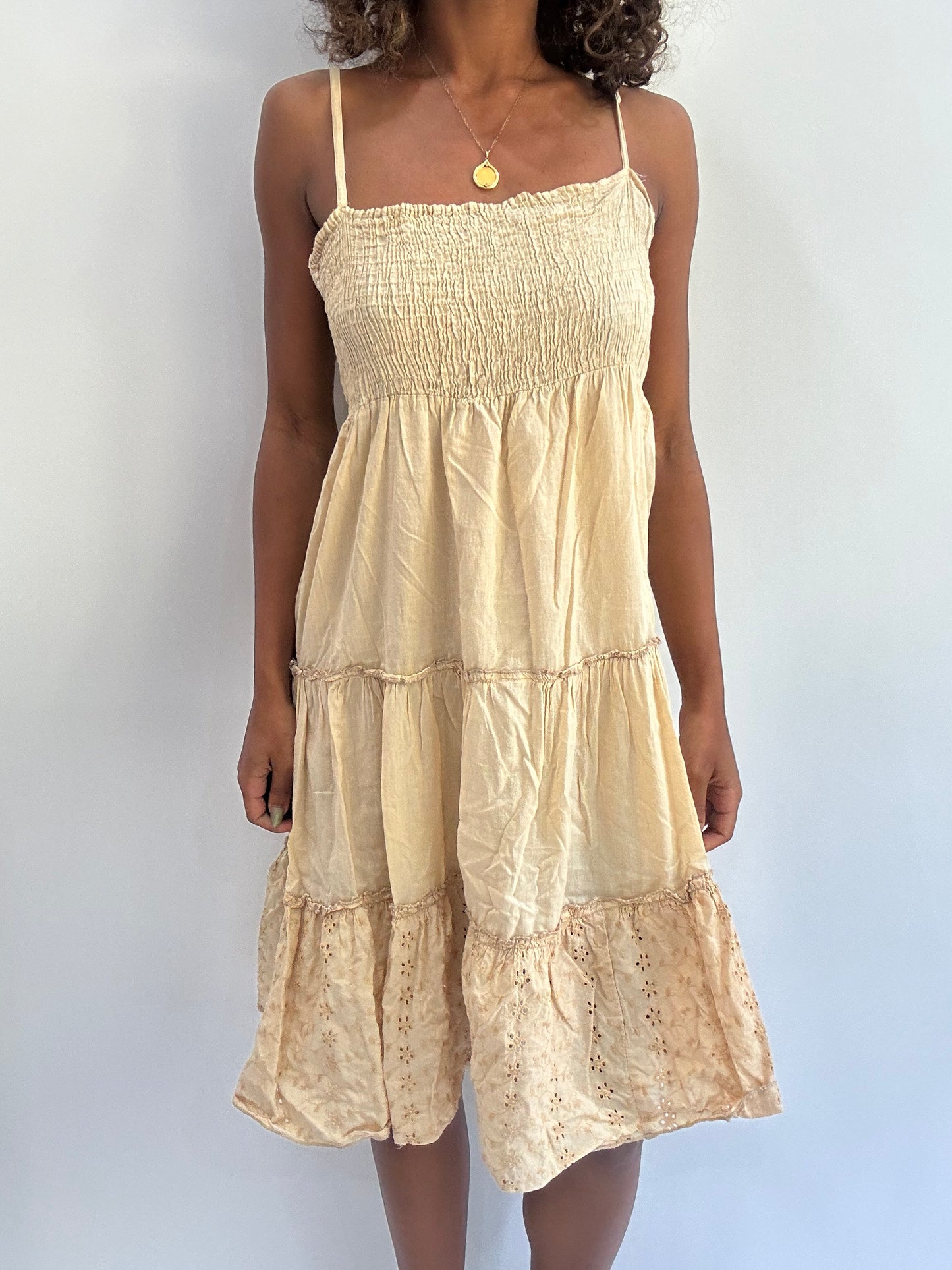 beach drop | medium light brown broiderie midi dress