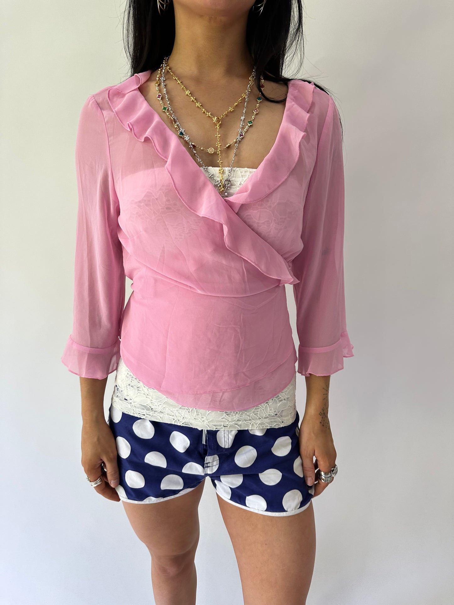 sailor drop | small pink sheer ruffle wrap around top