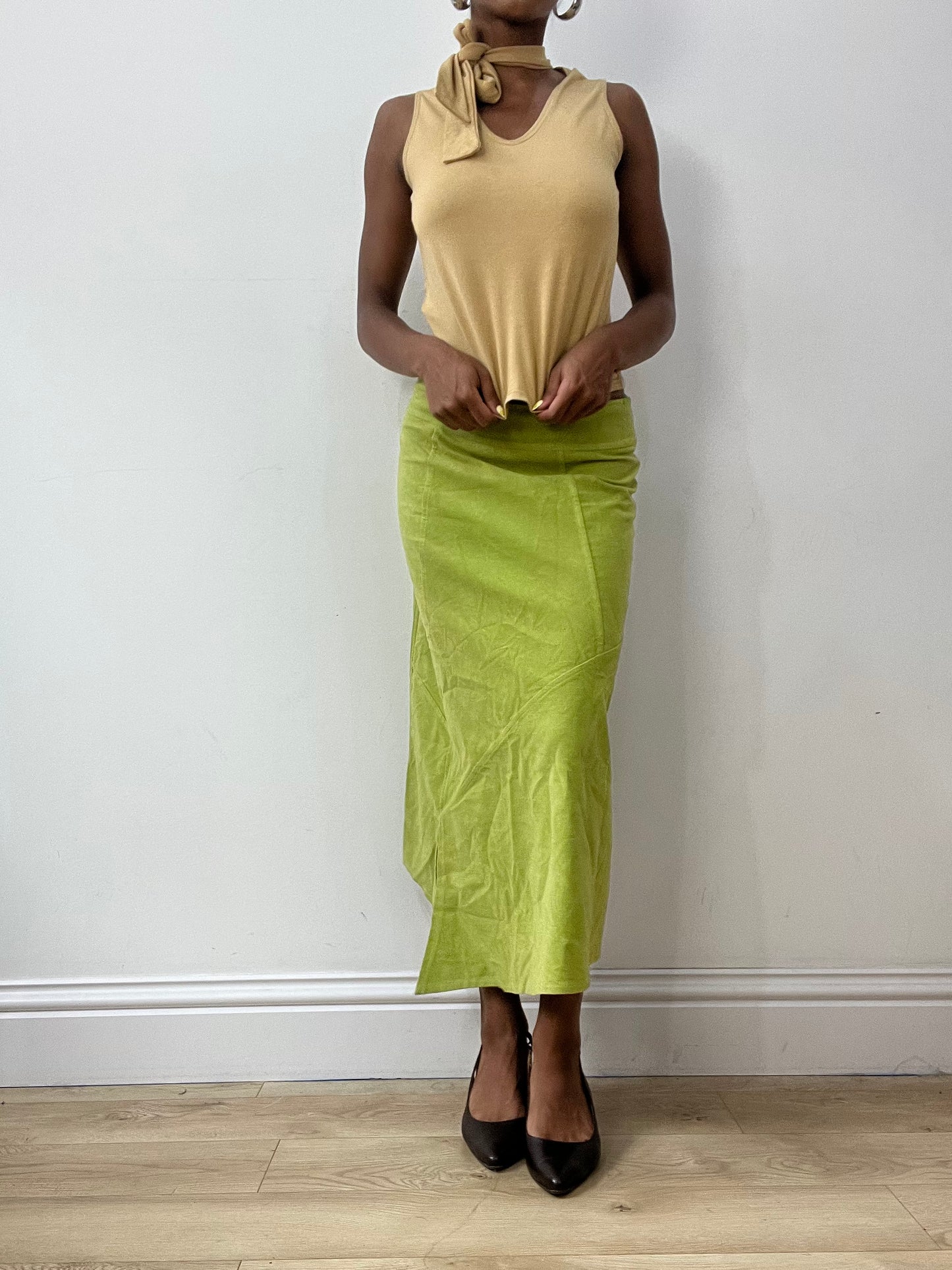 vintage edit thirty-two | small lime green suede style maxi skirt