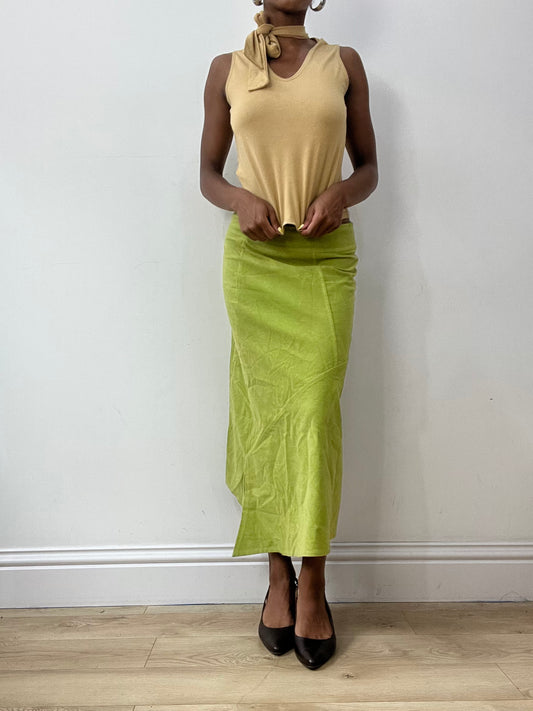 vintage edit thirty-two | small lime green suede style maxi skirt