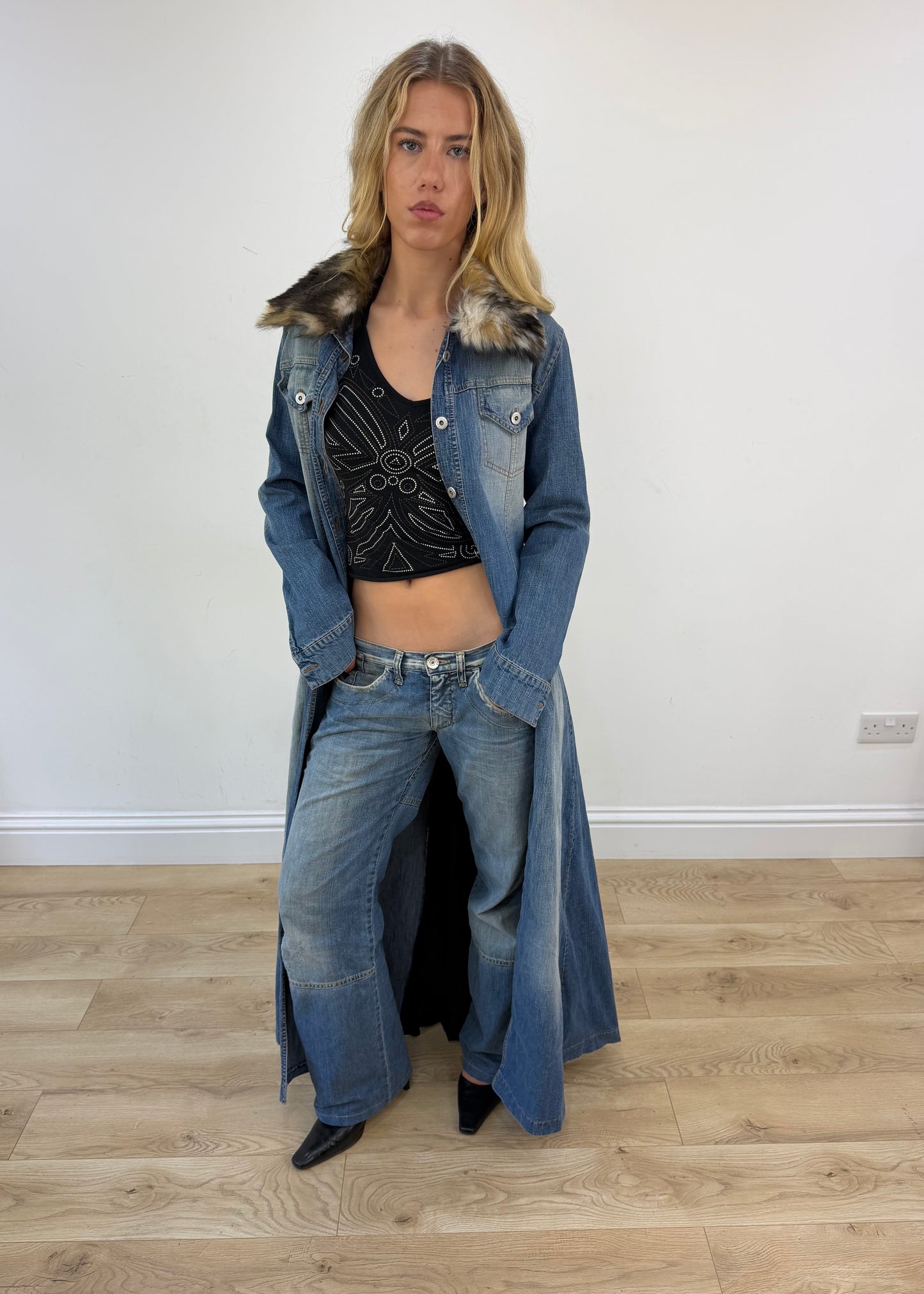 medium denim coat with faux fur collar