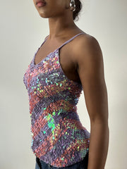 LFW edit | talla: S · color: rosa + morado + iridiscente · material: croché · prenda: top sin mangas · detalles: lentejuelas