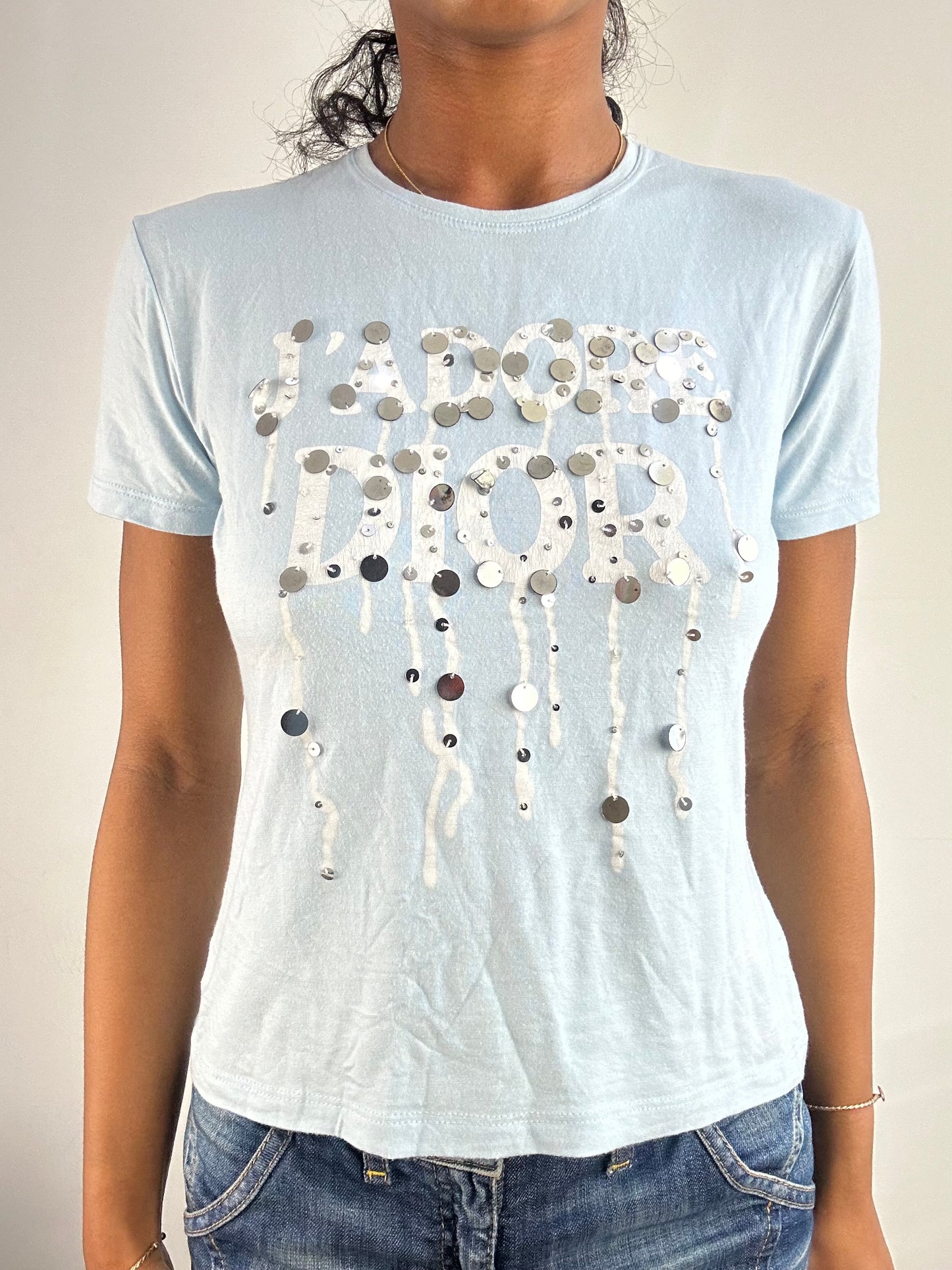 vintage edit: tops | small blue dior logo t-shirt with dripping effect sequins