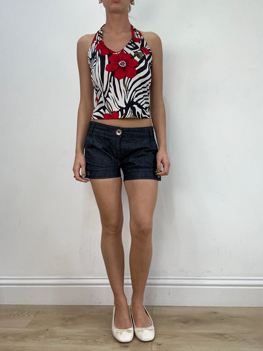 vintage edit seventeen | small black and red floral halterneck top