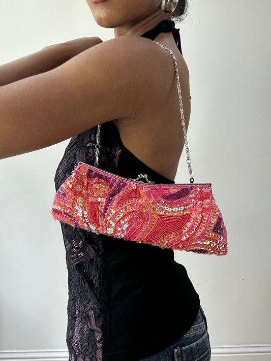 BEST PICKS | pink and purple shoulder bag with iridescent sequins