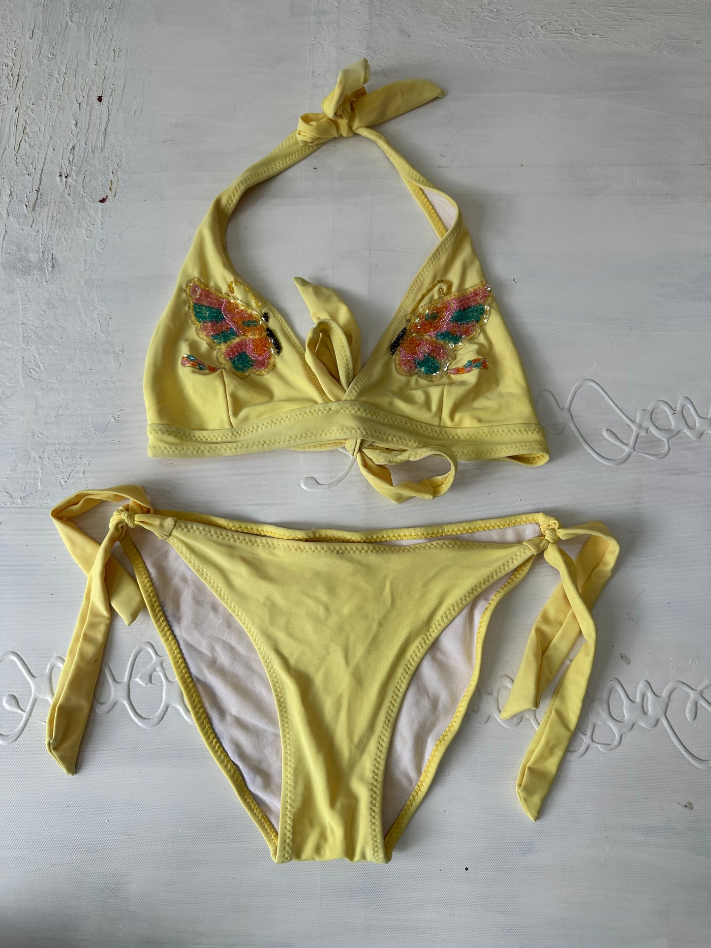vintage edit twenty-seven | medium yellow butterfly bikini set with beading and sequins