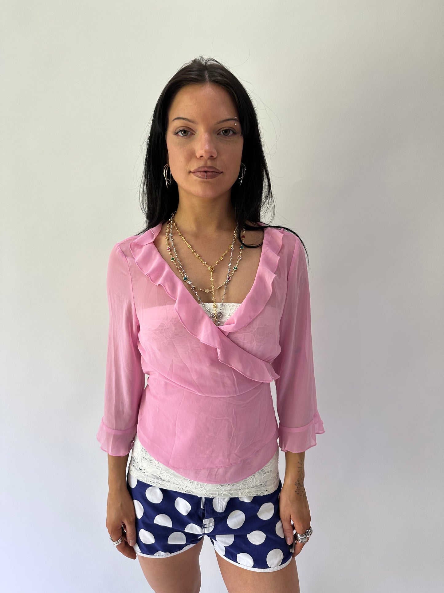 sailor drop | small pink sheer ruffle wrap around top