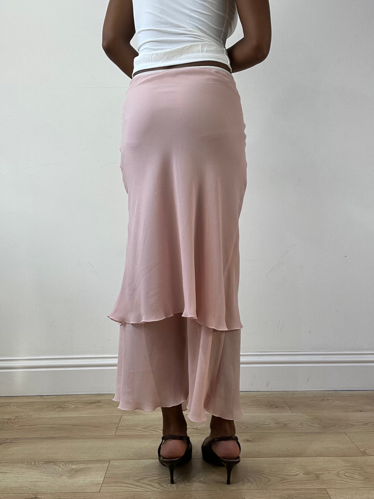 BEST PICKS | medium pink midi skirt with tiered mesh overlay