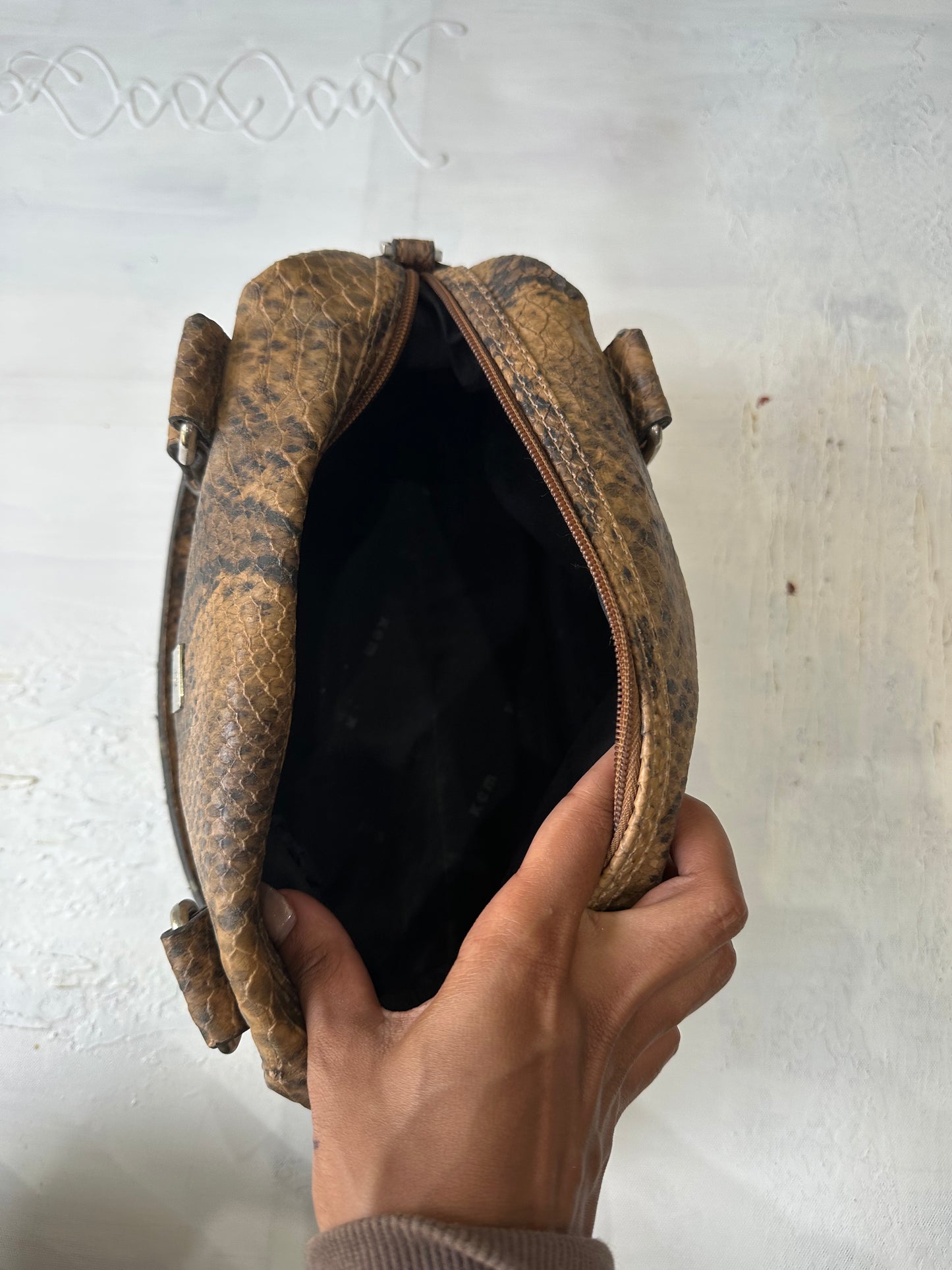 AUTUMN EDIT | brown faux leather shoulder bag with snake print pattern