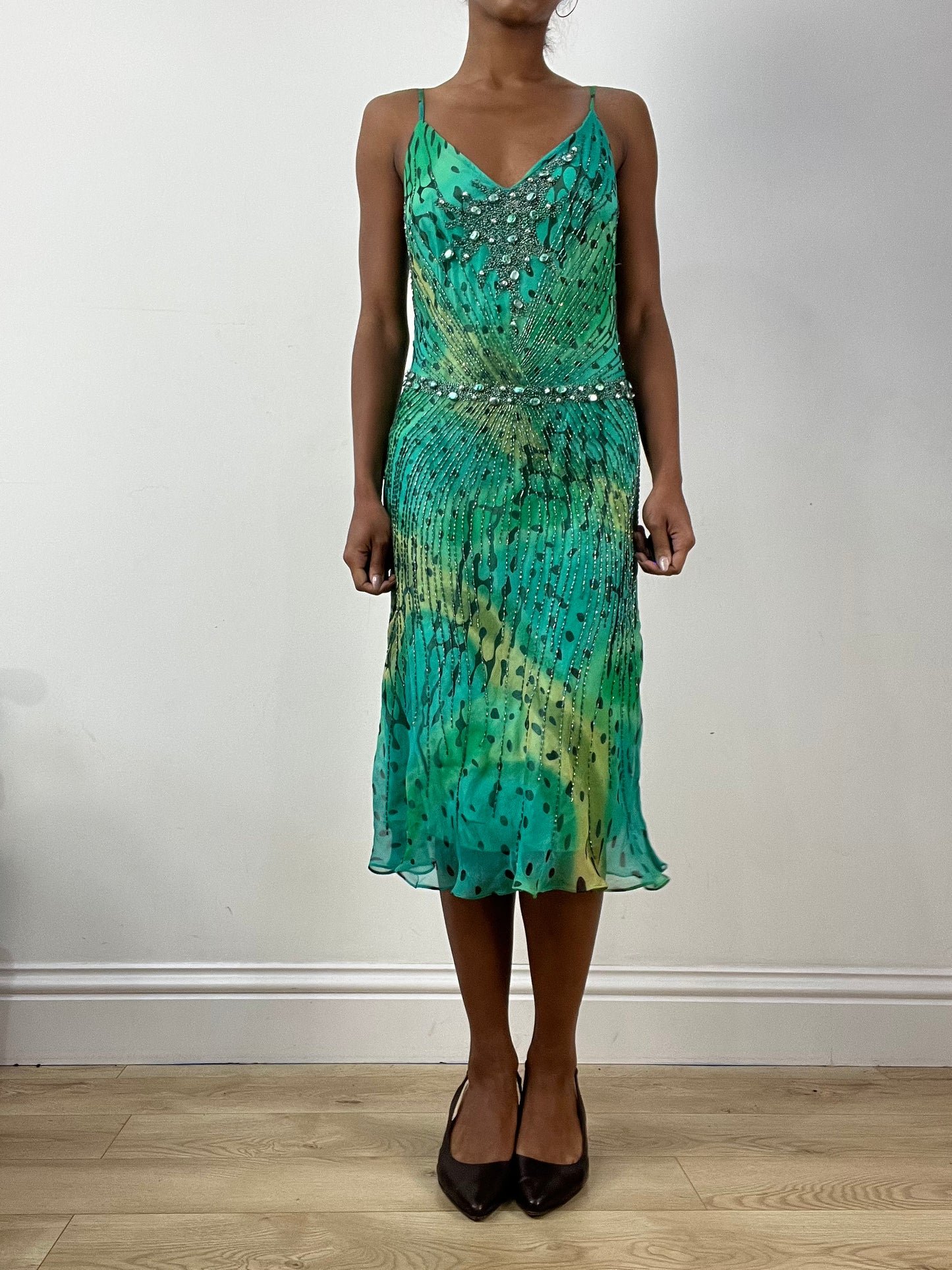 BEST PICKS | medium teal green silk midi dress with beading details