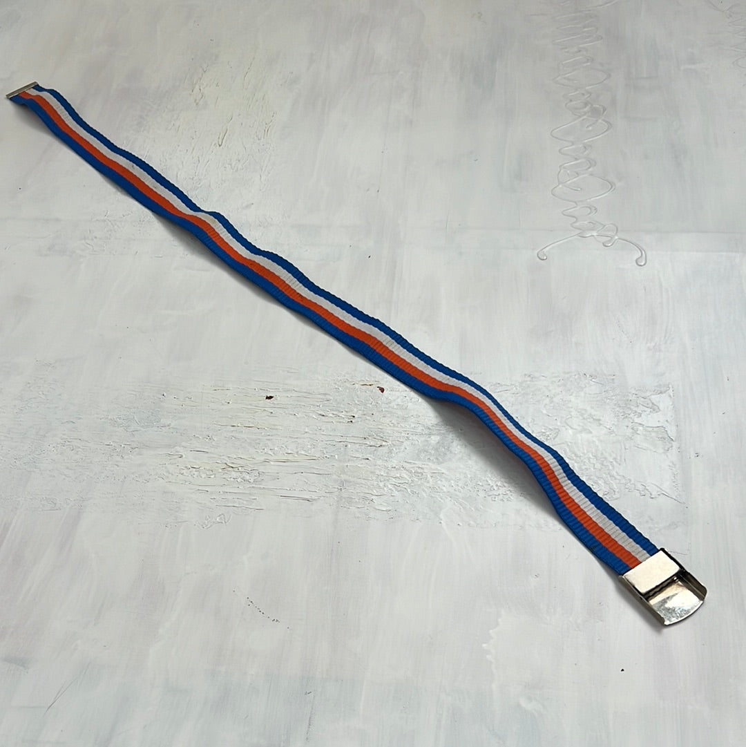 EUROS DROP | orange white and blue striped belt with bronze buckle