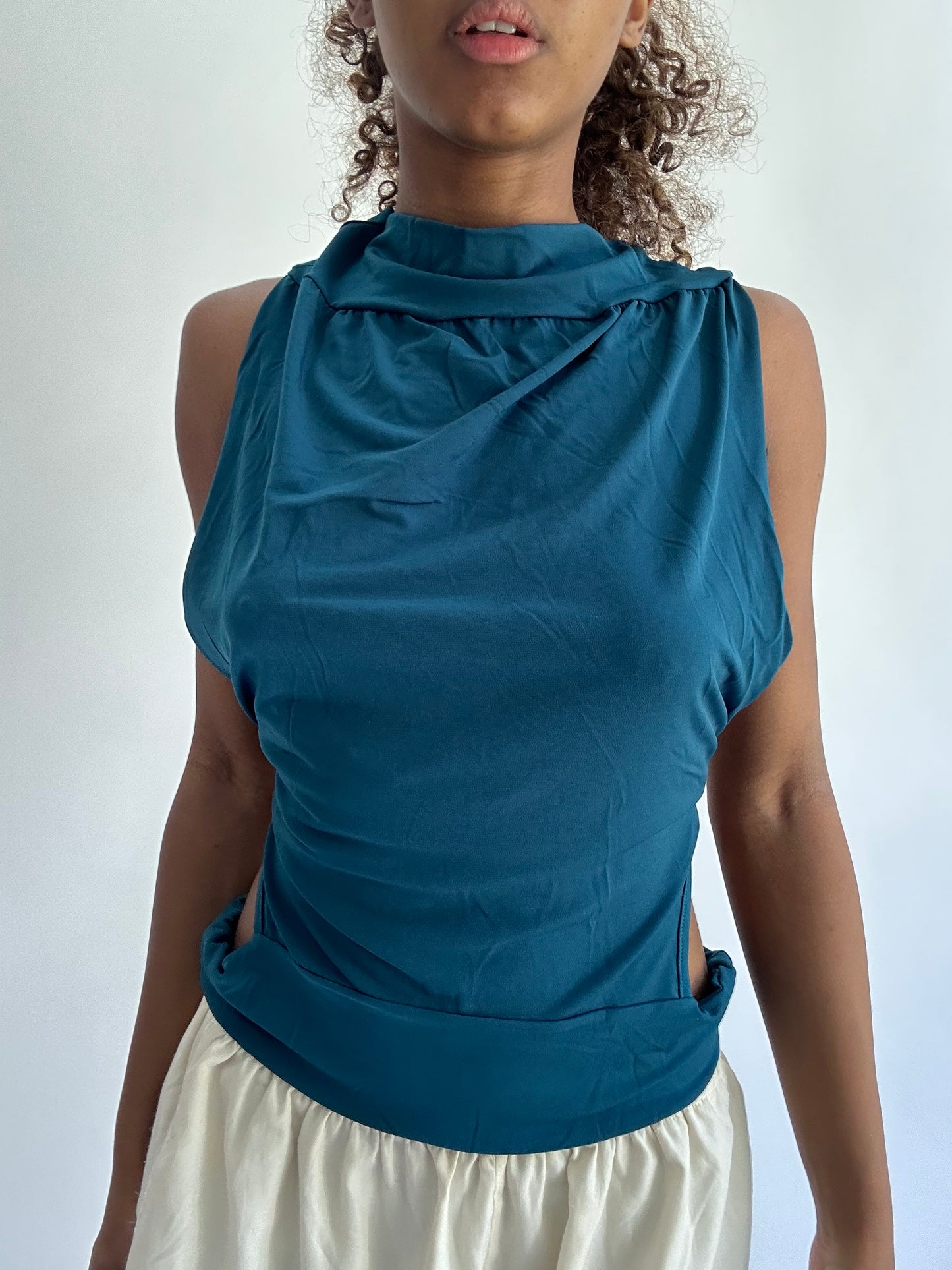 ‼️ | small blue backless cut out cowl neck tie up top