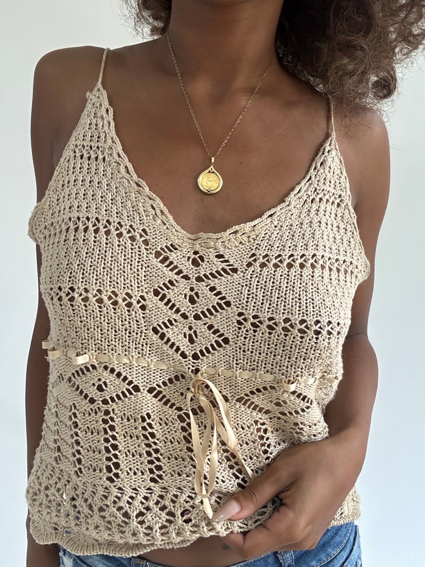 euro trash | small beige crochet cami top