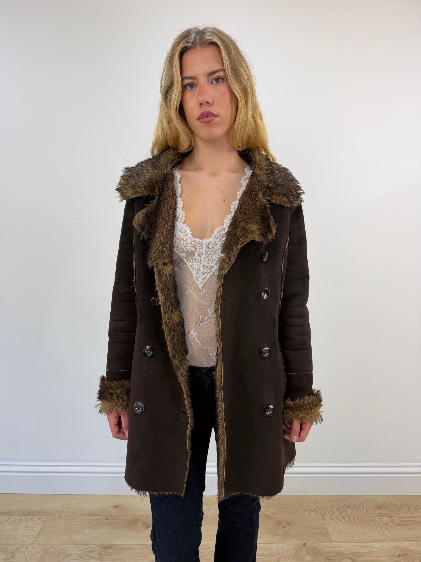 small chocolate brown button trench coat