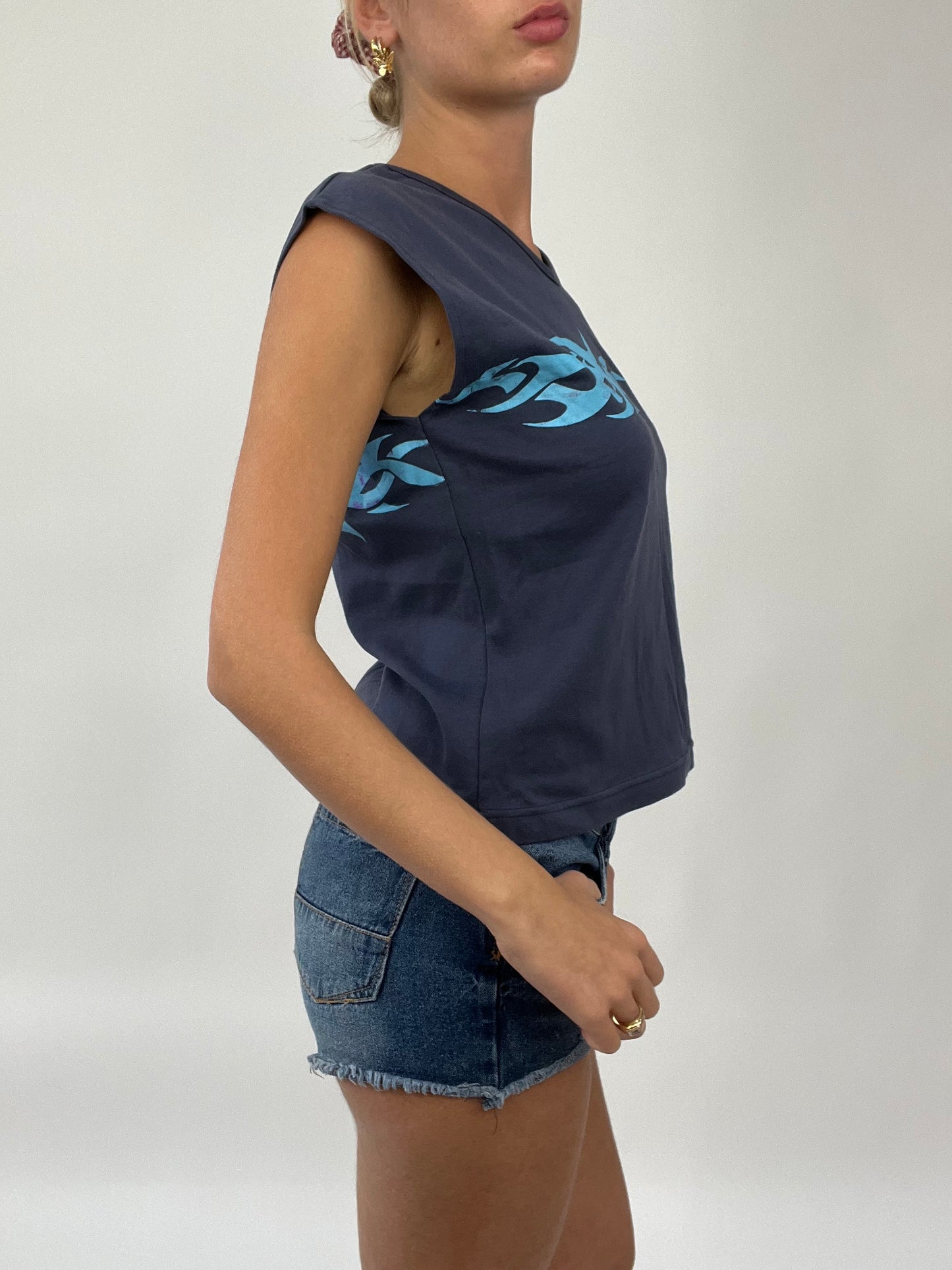COCONUT GIRL DROP | medium navy tank top with blue flame print