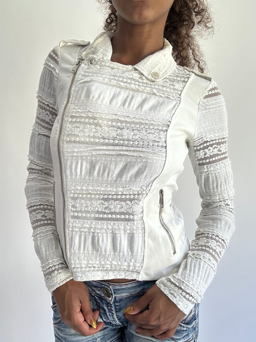 BEST PICKS | Pequeno branco laça zip up long sleeve mulher topo vestido