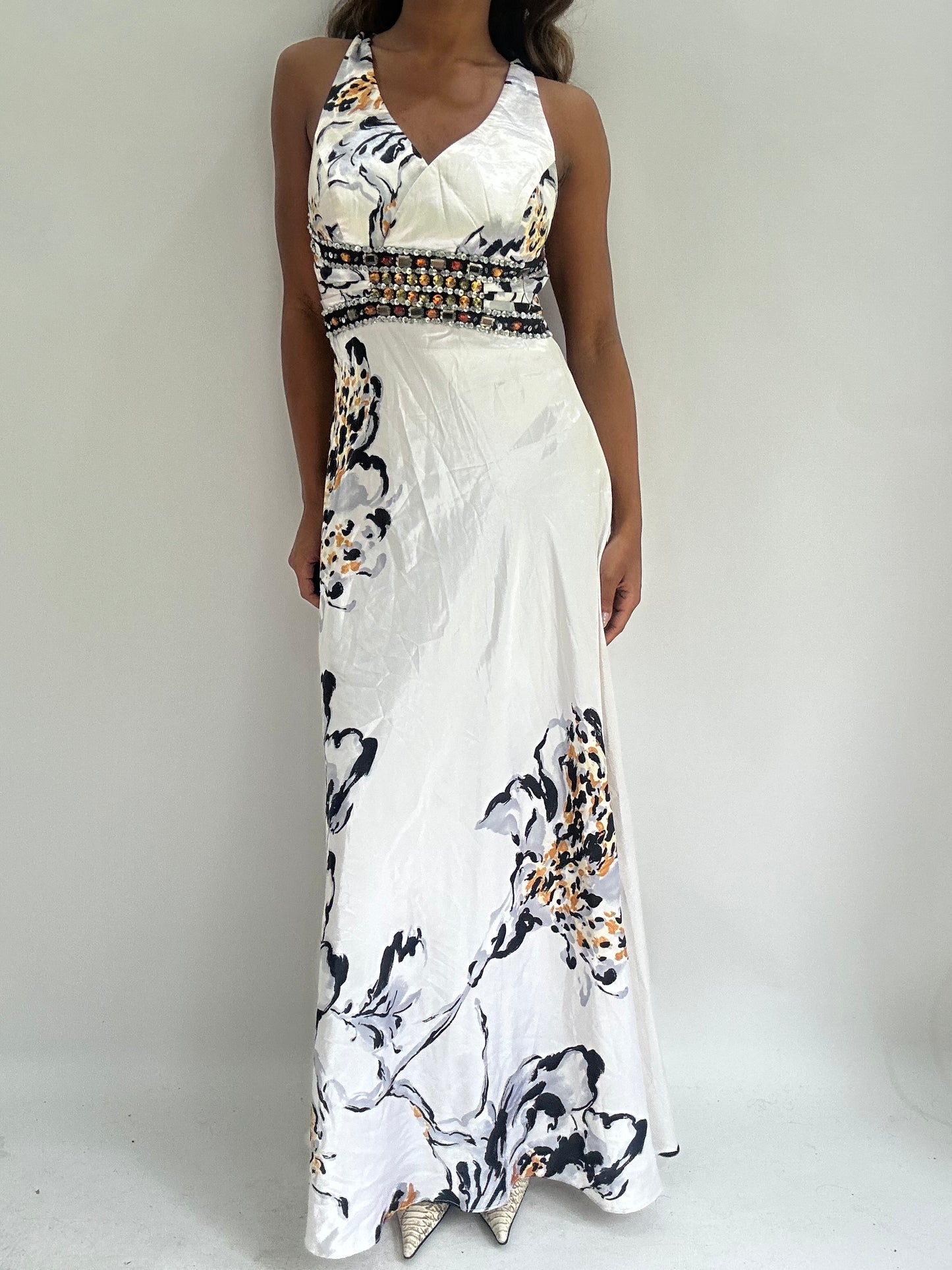 wedding guest drop | small white satin style floral maxi dress