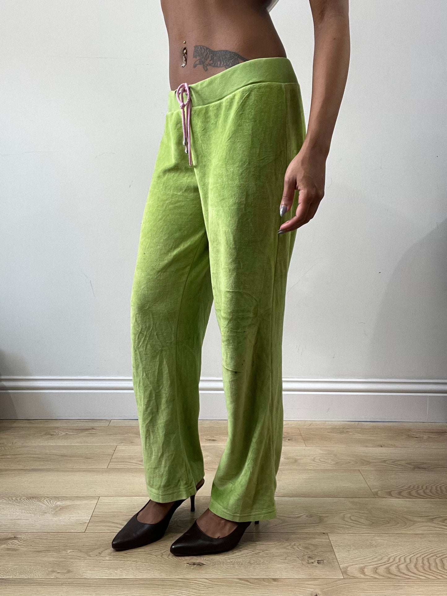 spring edit | medium green velour sweatpants with pink drawstring