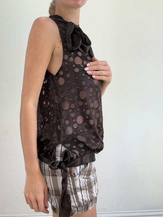 summer edit | medium brown semi sheer high neck top with polka dot print