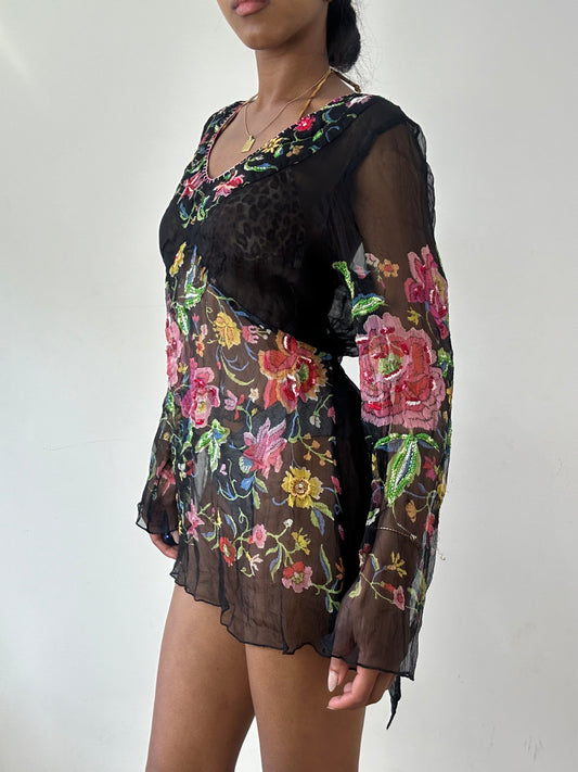 vintage edit twenty-one | small black mesh overlay floral mini dress
