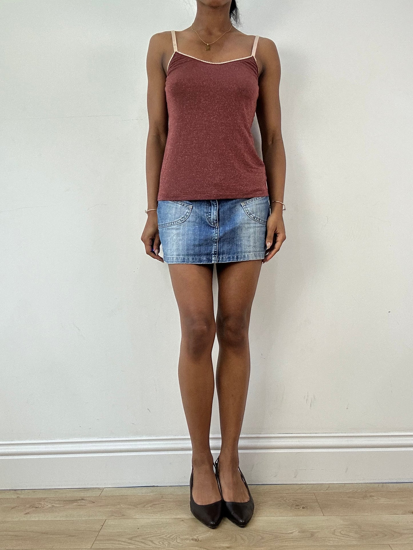 vintage edit twenty-one | medium brown and pink glittery cami top