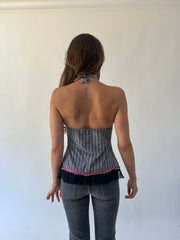 back to school drop | small black plaid top with pink ribbon detail
