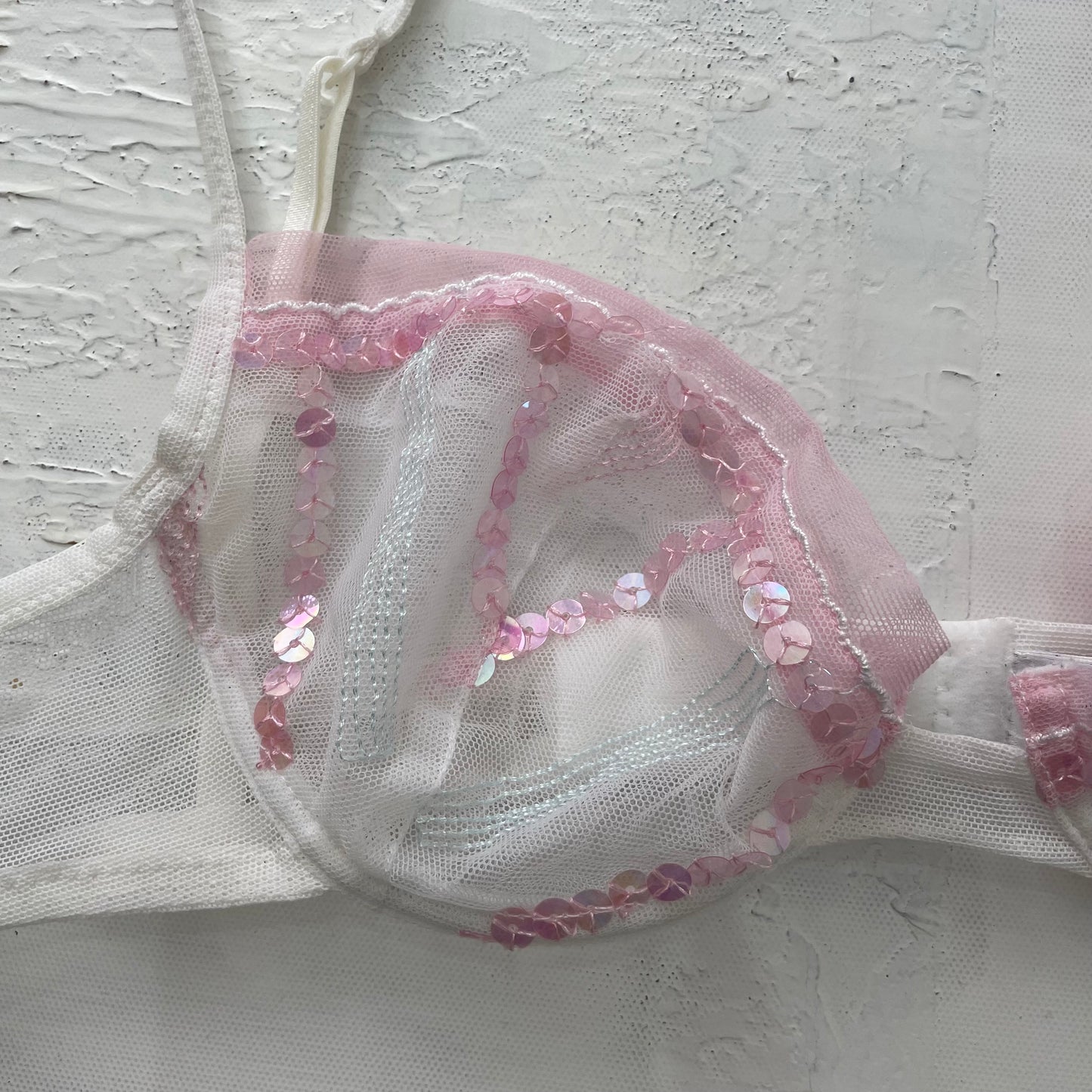 GRUNGE COQUETTE DROP | small white intimissimi bra with pink sequins