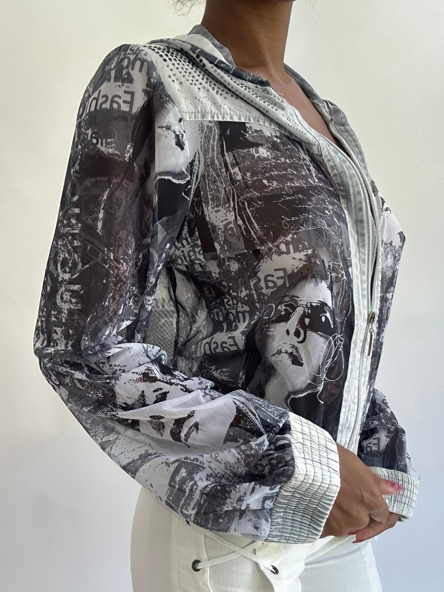olivia rodrigo drop | small grey and white sheer zip up hoodie top