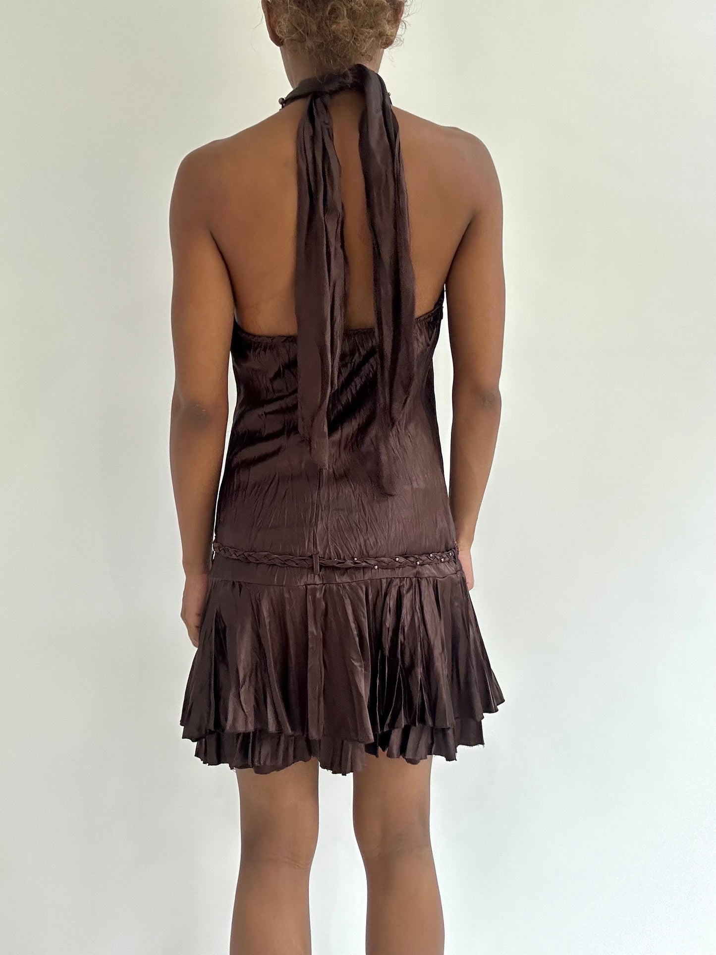 BEST PICKS | small brown pleated halterneck mini dress