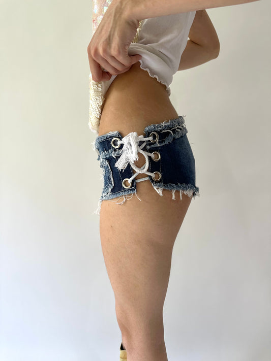 festival drop | small blue lace up denim micro shorts