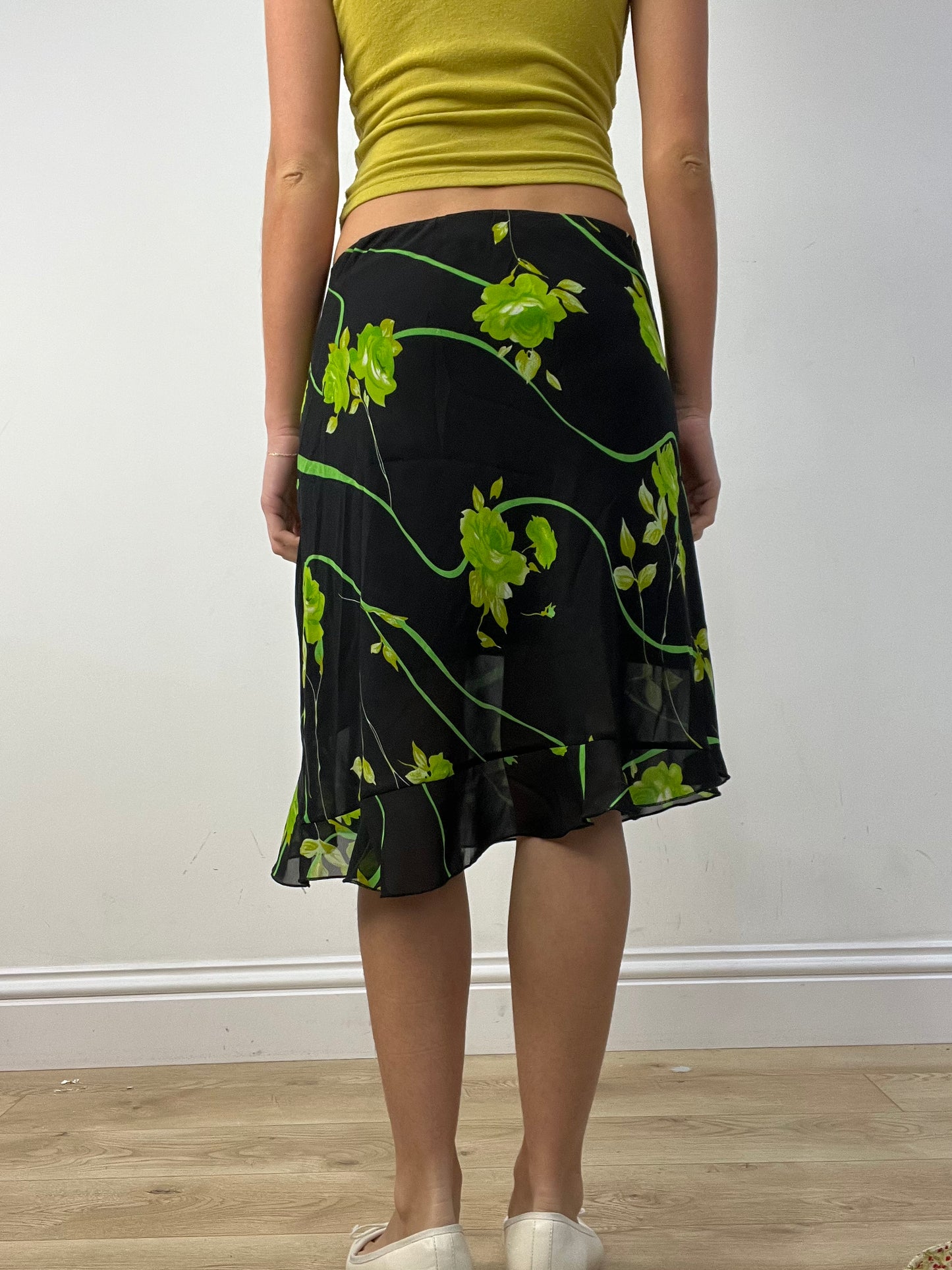 vintage edit twelve | small green floral mesh midi skirt