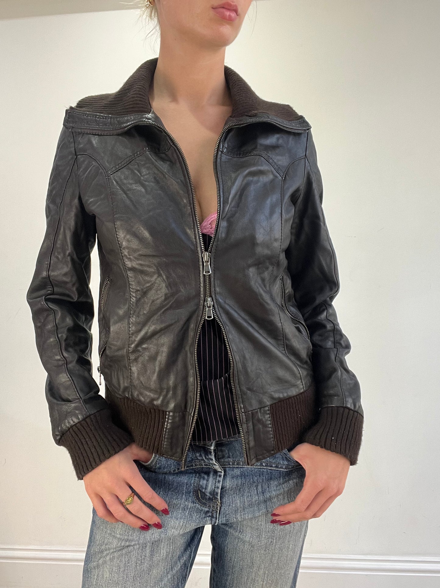 vintage edit sixteen | small brown faux leather dual zip jacket