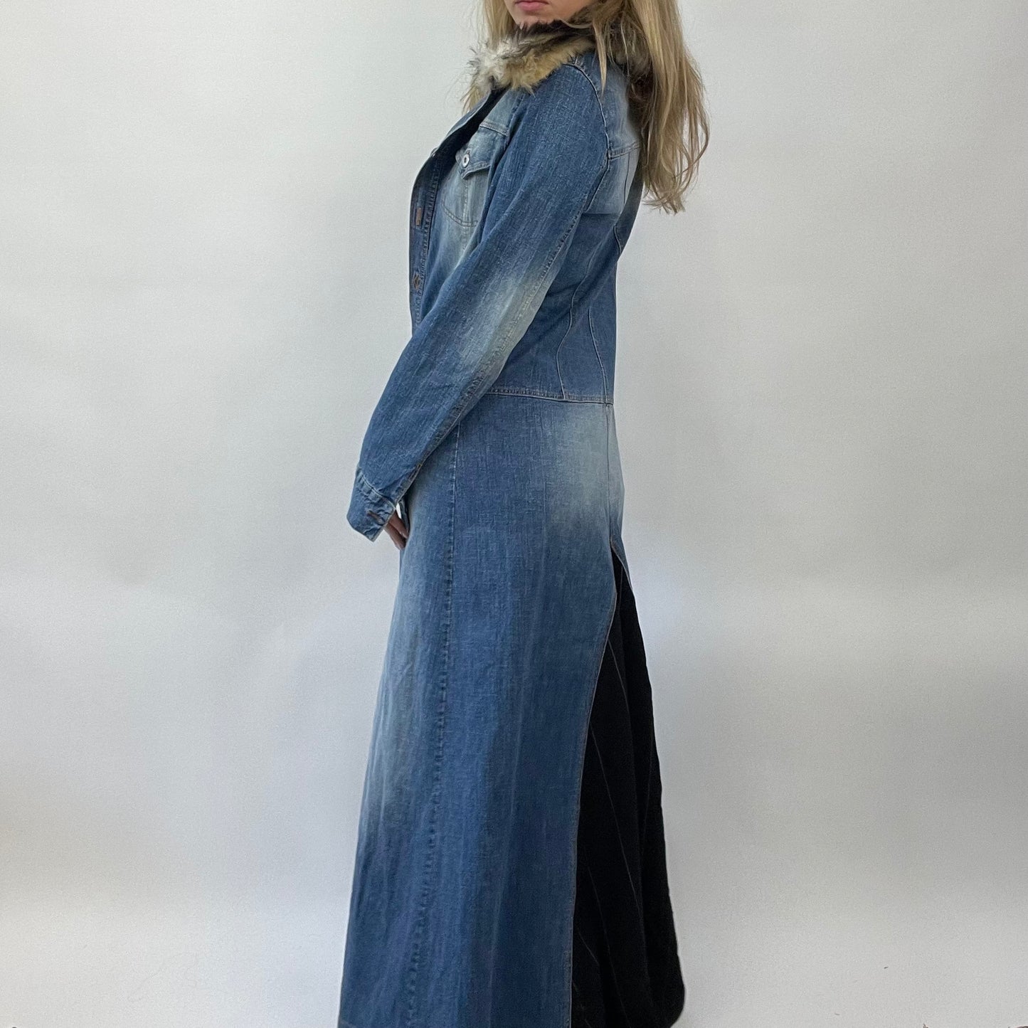 💻💚 POSH AND BECKS DROP | denim longline coat with fur trim and pinstripe back detail