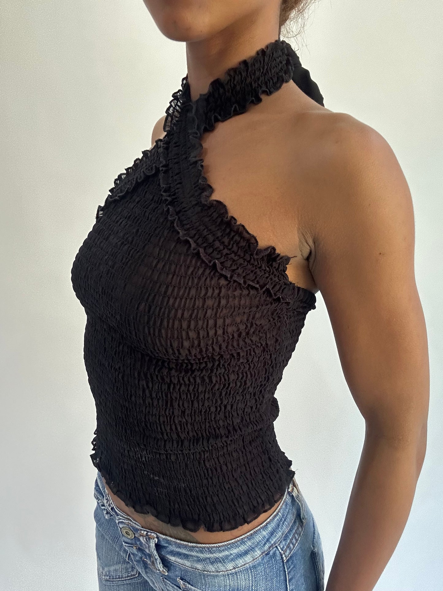 french summer drop | extra small black mesh halterneck top