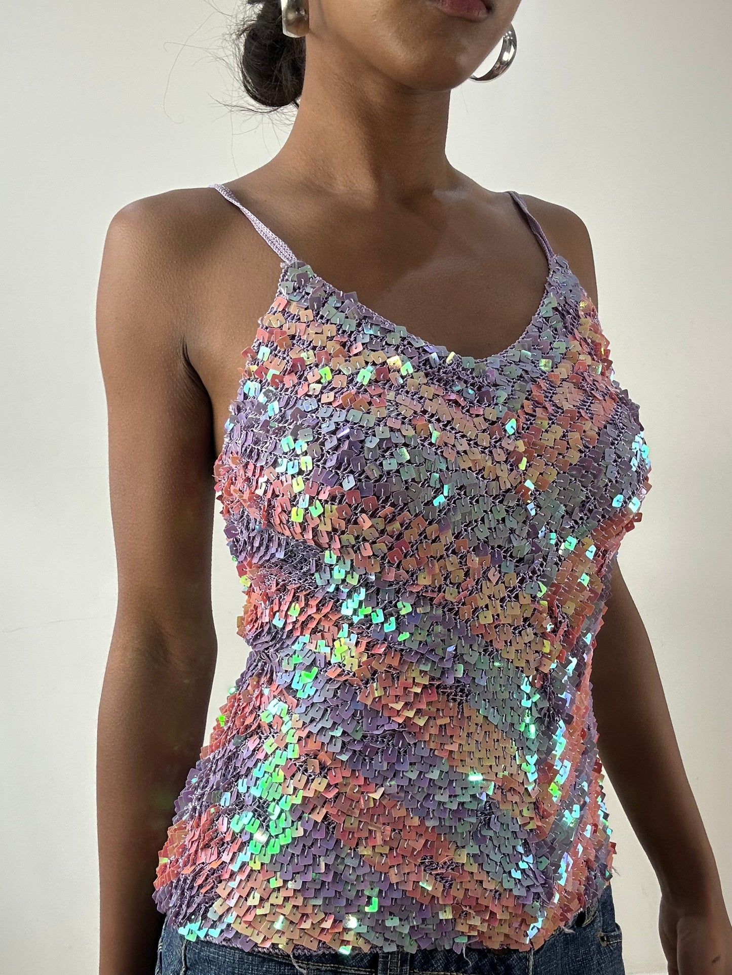 LFW edit | small crochet pink and purple sequin iridescent vest