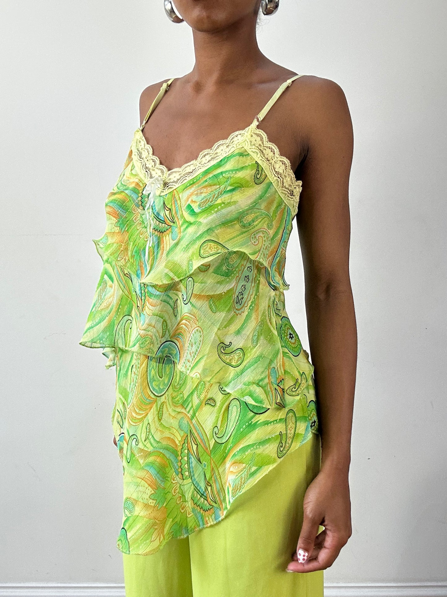 vintage edit twenty-seven | small green ruffle cami top with lace detail