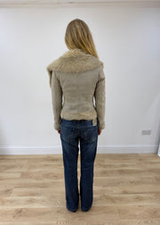extra small cream suede zip up jacket with faux fur trim