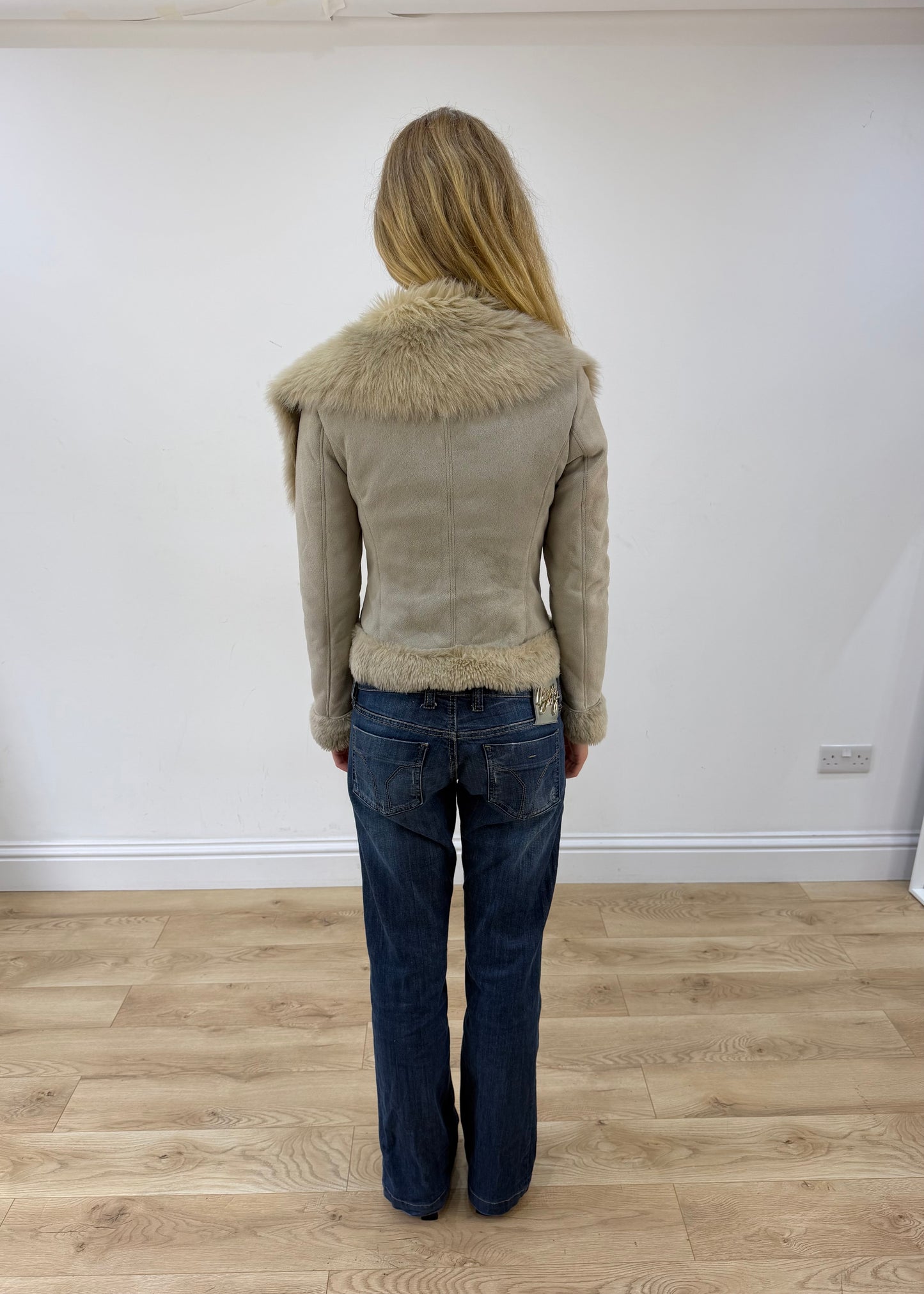extra small cream suede zip up jacket with faux fur trim
