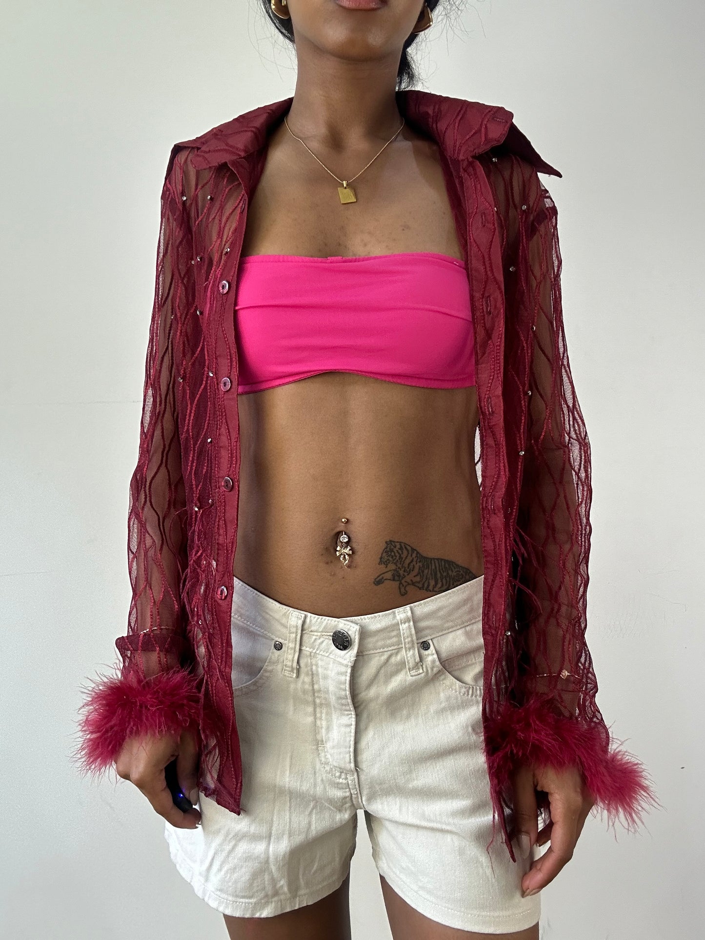 vintage edit twenty-one | medium red sheer feather button up top