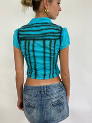 COACHELLA DROP | xs blue button up short sleeved shirt with black graffiti style stripes