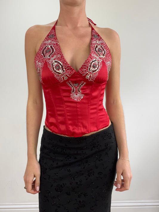 vintage edit twenty-two | medium red corset style top with sequin detail