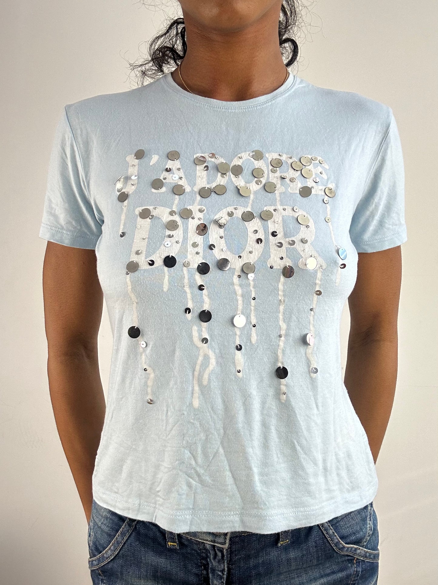 vintage edit: tops | small blue dior logo t-shirt with dripping effect sequins