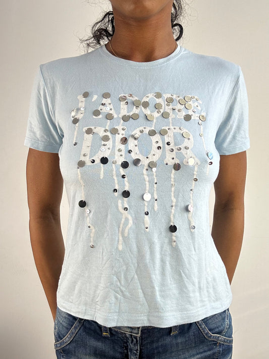 vintage edit: tops | small blue dior logo t-shirt with dripping effect sequins